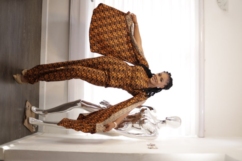 Ankara floral print palazzo pants set with flowing sleeves in studio by best tailor Enugu