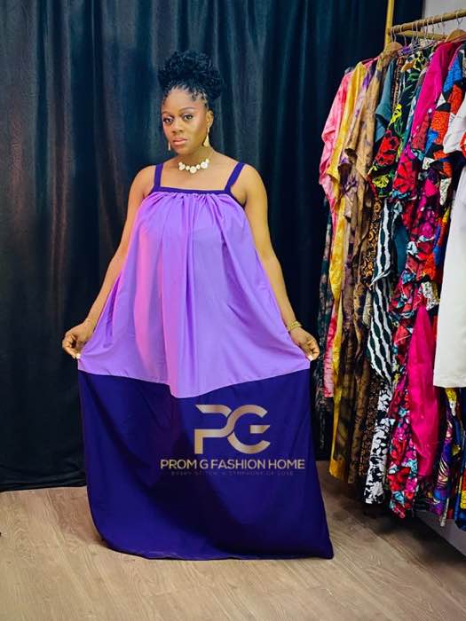 Lavender and purple color-block spaghetti strap maxi dress by Prom G Fashion Enugu