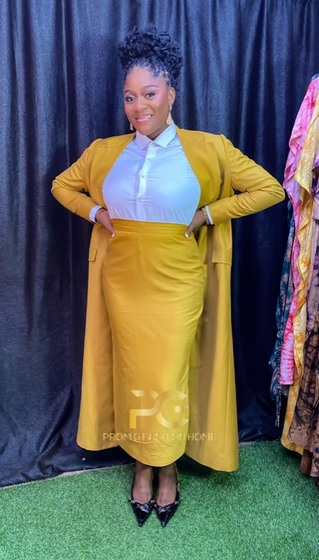 Mustard gold blazer skirt set full-body standing pose in showroom by Prom G Fashion