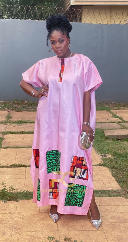 Pink Ankara patch kaftan with silver clutch confident pose by Prom G Fashion