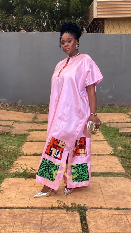 Pink kaftan maxi dress with Ankara patchwork and beaded neckline trim by best tailor Enugu