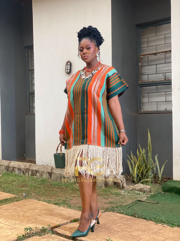 Striped fringe mini dress front view with coral beads and green accessories by Prom G Fashion Enugu
