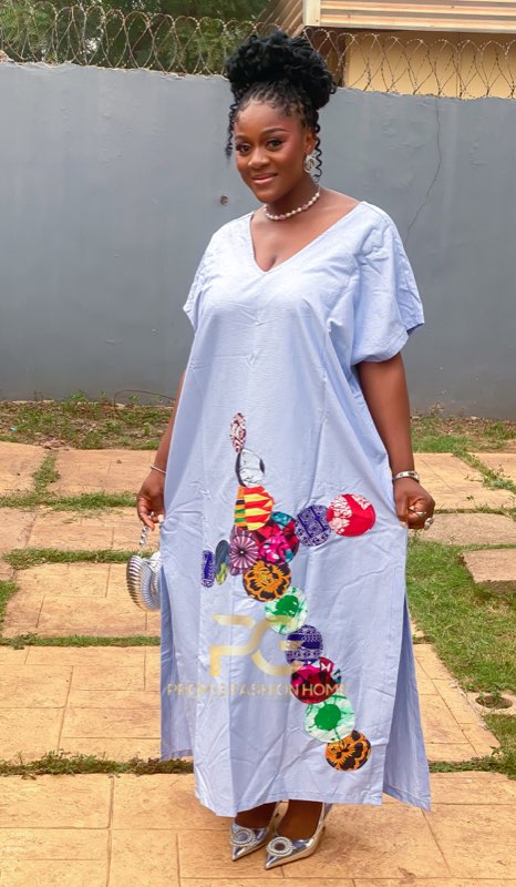 White kaftan with Ankara patchwork appliqués alternate angle by Prom G Fashion Enugu